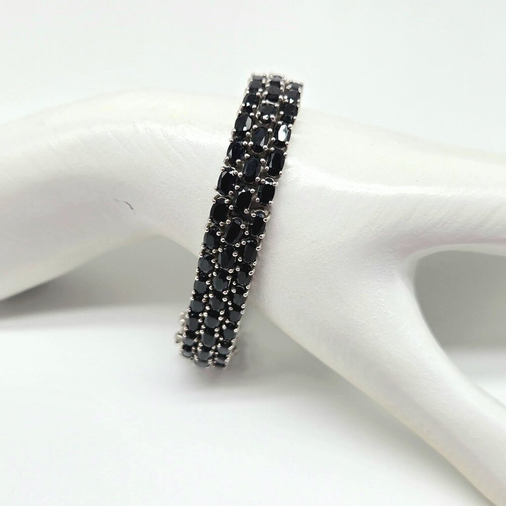 Estate 25+ Carat Genuine Sapphire Triple Row Tennis Bracelet 925 Sterling Silver